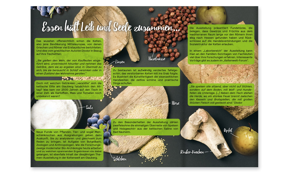 Informationsgrafik der Sonderausstellung „MAHLZEIT! – Ernährung bei den Kelten“ der Keltenwelt am Glauberg mit Illustrationen von Lebensmitteln, archäologischen Funden und erläuternden Textfeldern.