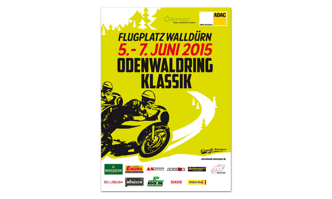 Veranstaltungsplakat der Odenwaldring Klassik 2015 mit Motorradillustration sowie den Veranstaltungsdaten 5.–7. Juni 2015 auf gelbem Hintergrund.