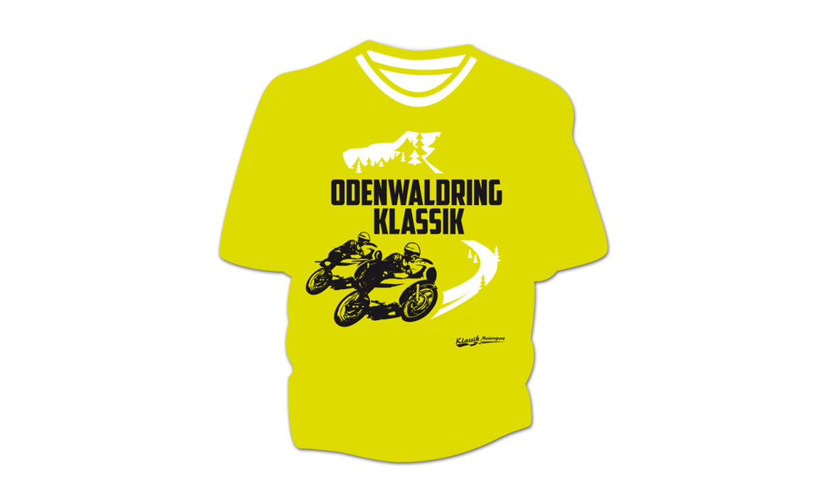 T-Shirt der Odenwaldring Klassik in Gelb mit Veranstaltungslogo und Motorradillustration auf der Vorderseite.