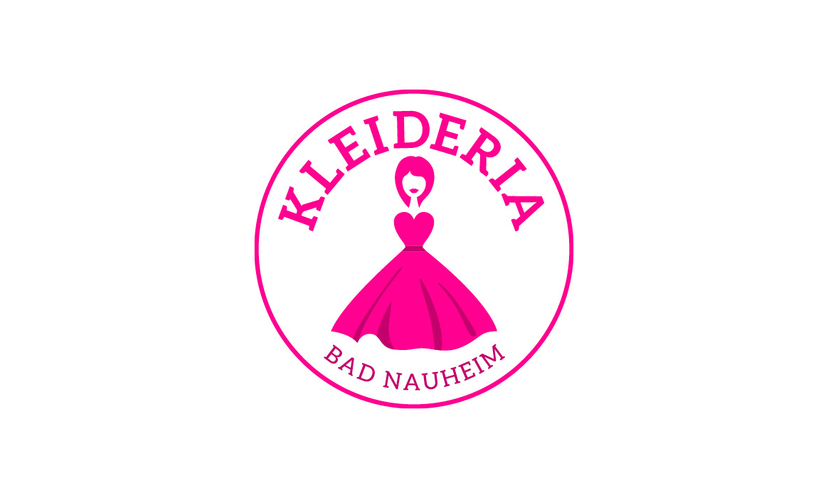 Logo von Kleideria Bad Nauheim mit stilisiertem Kleid in einem runden Emblem sowie der pinkfarbenen Wortmarke „Kleideria Bad Nauheim“ auf weißem Hintergrund.