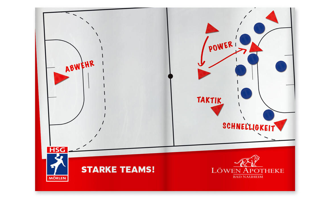 Anzeige der Löwen Apotheke Bad Nauheim mit einer Taktiktafel im Handballstil, den Begriffen „Abwehr“, „Power“, „Taktik“ und „Schnelligkeit“ sowie dem Slogan „Starke Teams!“.