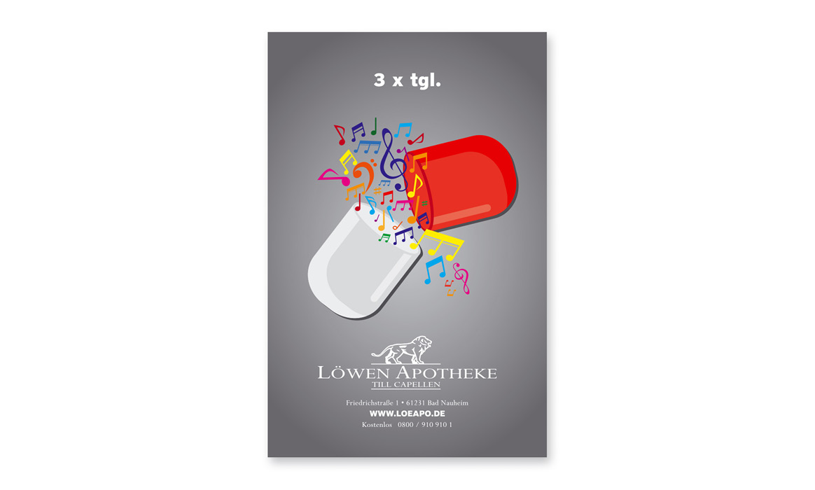 Anzeige der Löwen Apotheke Bad Nauheim mit einer geöffneten Kapsel, aus der Musiknoten austreten, sowie der Überschrift „3 × tgl.“.