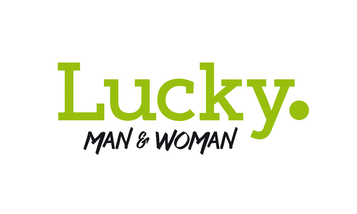 Logo von Lucky. Man & Woman mit grüner Wortmarke „Lucky.“ und schwarzem Schriftzug „MAN & WOMAN“ auf weißem Hintergrund.