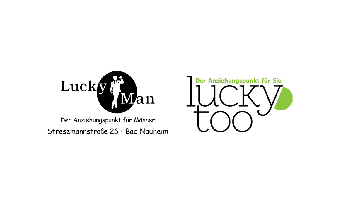 Logo-Varianten von Lucky Man und Lucky too auf weißem Hintergrund mit den jeweiligen Wortmarken und grafischen Elementen.