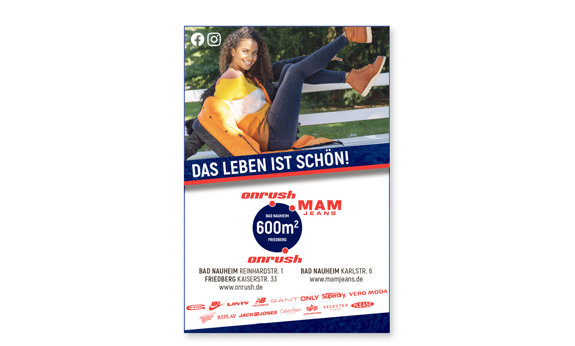 Werbeanzeige von MAM Jeans mit einem Model sowie der Überschrift „Das Leben ist schön!“ und Hinweisen zum Denim Club.