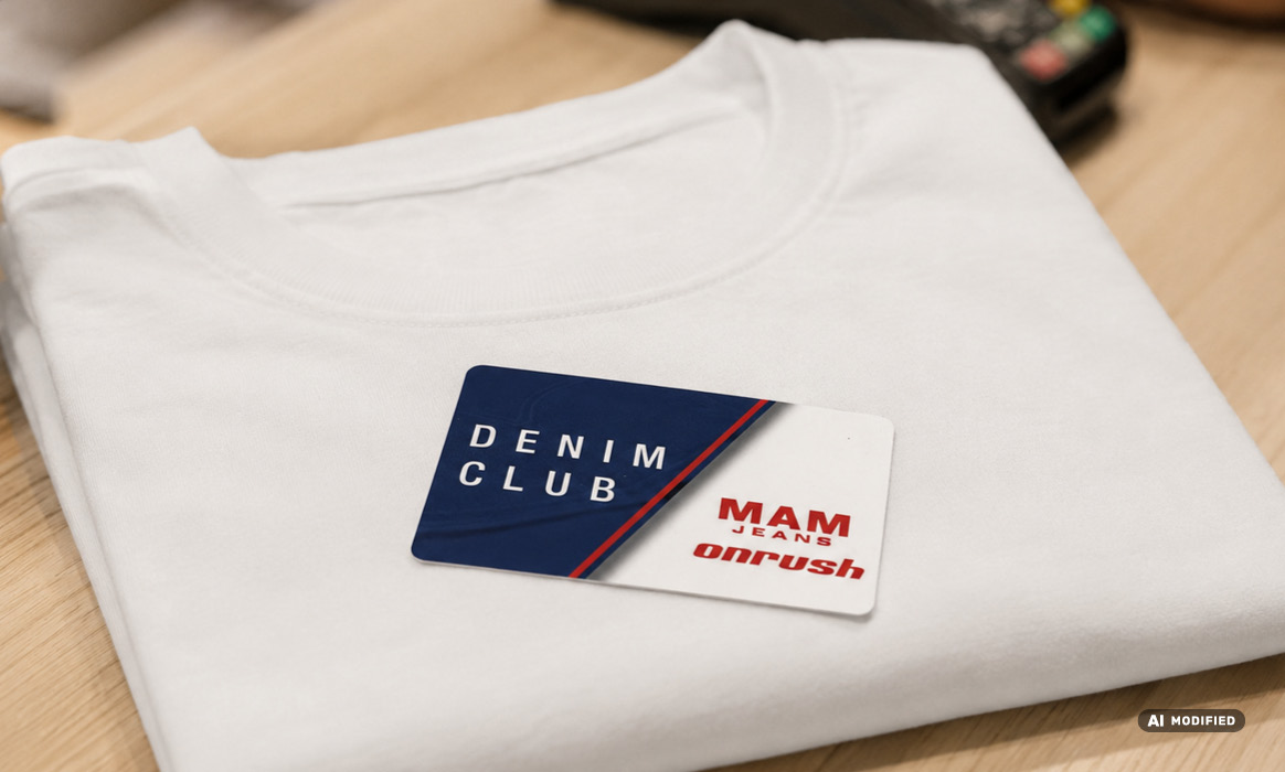 Mitgliedskarte des MAM Jeans Denim Clubs auf einem weißen T-Shirt mit der Aufschrift „Denim Club“.