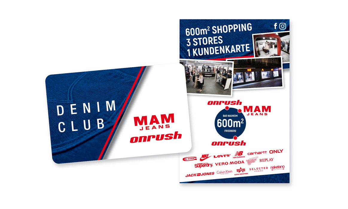 Mitgliedskarte und Informationsflyer des MAM Jeans Denim Clubs mit Vorteilen der Kundenkarte und Rabattaktionen.