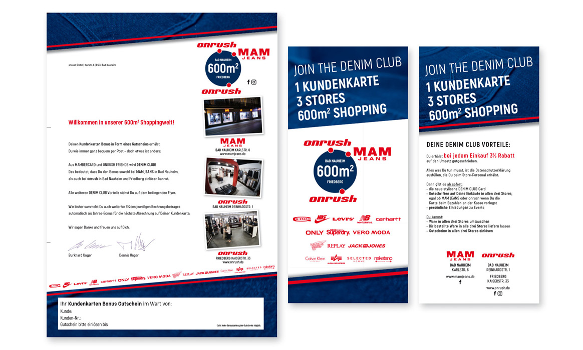 Werbemittel des MAM Jeans Denim Clubs mit Anschreiben, Informationsflyern.