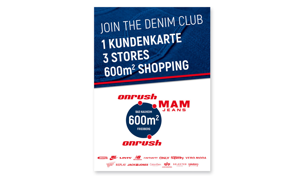Plakat des MAM Jeans Denim Clubs mit Informationen zur Kundenkarte und den Vorteilen des Bonusprogramms.