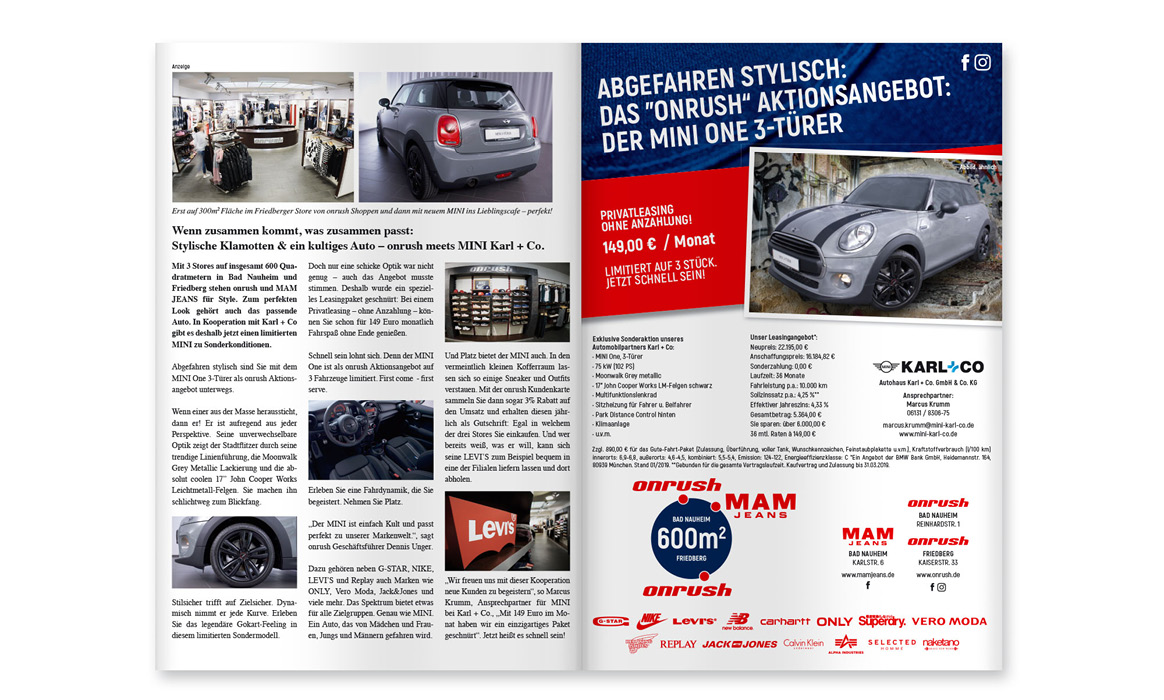 Zweiseitige Anzeige von MAM Jeans und Autohaus Karl + Co zur Bewerbung eines Nissan Juke mit Finanzierungsangebot und Informationen zum Denim Club.