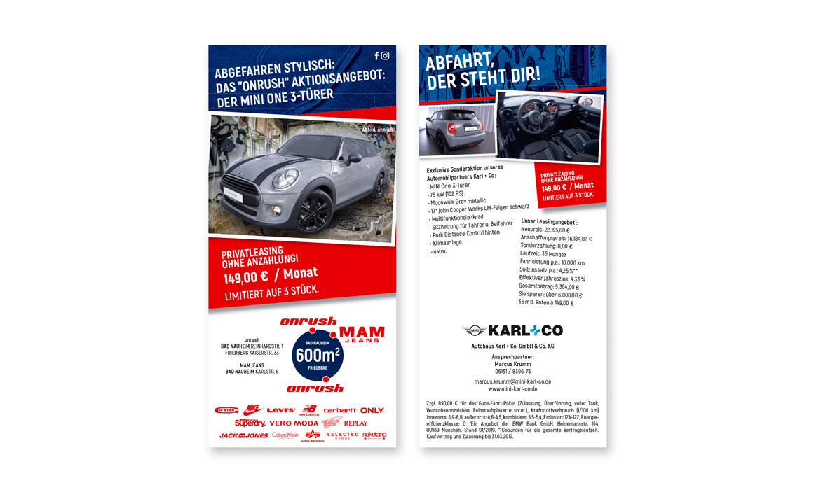 Flyer von MAM Jeans und Autohaus Karl + Co mit Vorder- und Rückseite zur Bewerbung eines Nissan Juke inklusive Aktionsangebot und Kontaktdaten.