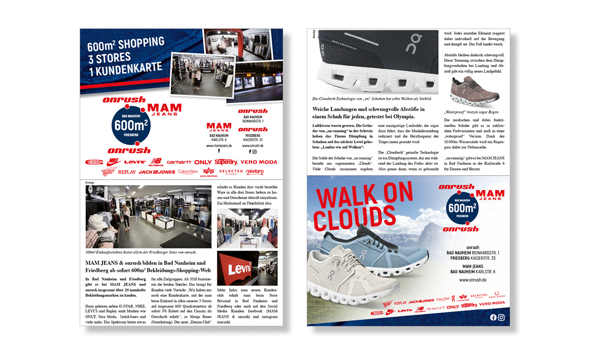 Doppelseitige Werbeanzeige von MAM Jeans mit Informationen zu Filialen, Marken, Aktionen und dem Slogan „Walk on Clouds“ für Schuhmode.