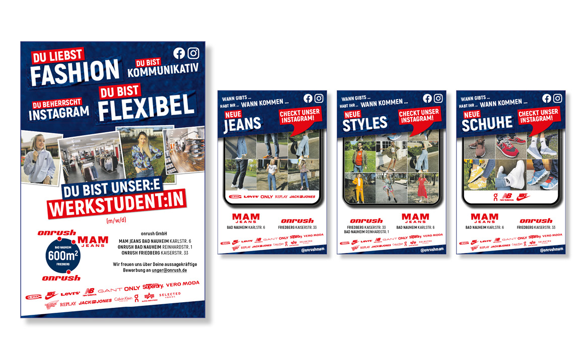 Recruiting-Anzeige von MAM Jeans mit der Überschrift „Du liebst Fashion“ sowie Social-Media-Darstellungen und Hinweisen auf Karrieremöglichkeiten.