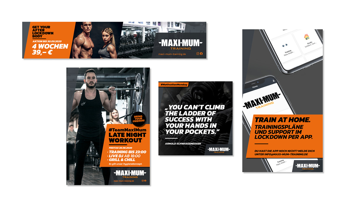Übersicht verschiedener Werbemittel von Maximum Training mit Plakaten, Social-Media-Motiven und Anzeigen im Corporate Design.