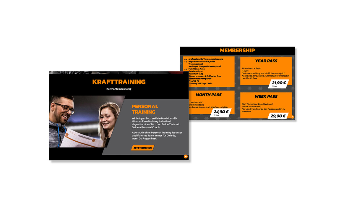 Unterseiten der Website von Maximum Training mit Informationen zu Krafttraining, Personal Training und Mitgliedschaftsmodellen.