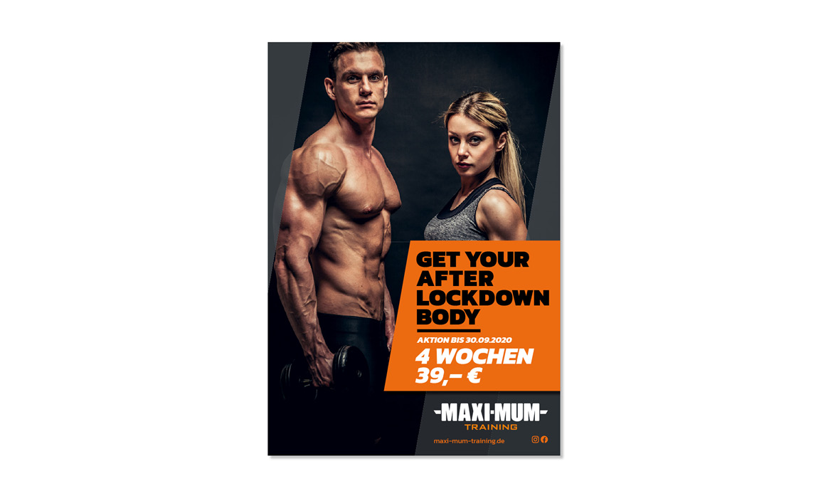 Werbeplakat von Maximum Training mit einem Mann und einer Frau in Sportbekleidung sowie der Überschrift „Get your after lockdown body“.