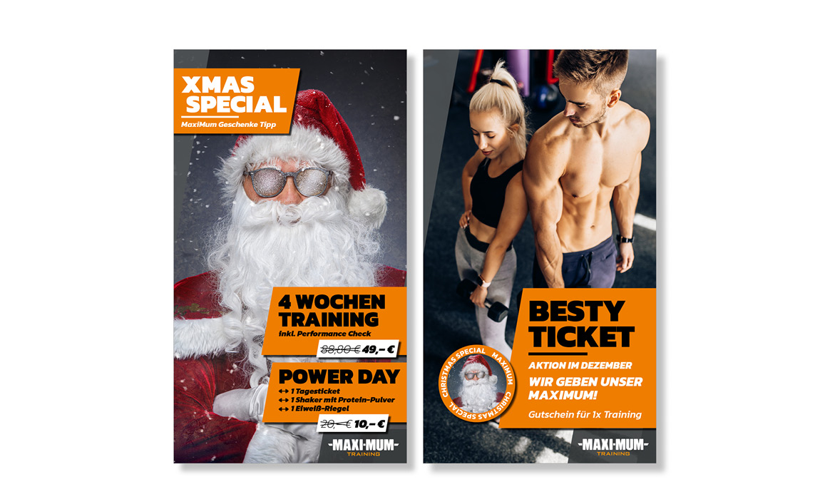 Übersicht zweier Werbeplakate von Maximum Training mit den Überschriften „XMAS SPECIAL“ und „BESTY TICKET“.