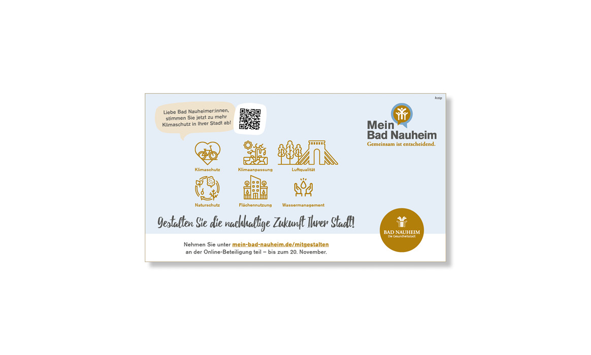 Postkarte von Mein Bad Nauheim mit Logo, Piktogrammen zu Stadtentwicklung und einem QR-Code zur Beteiligungsplattform.