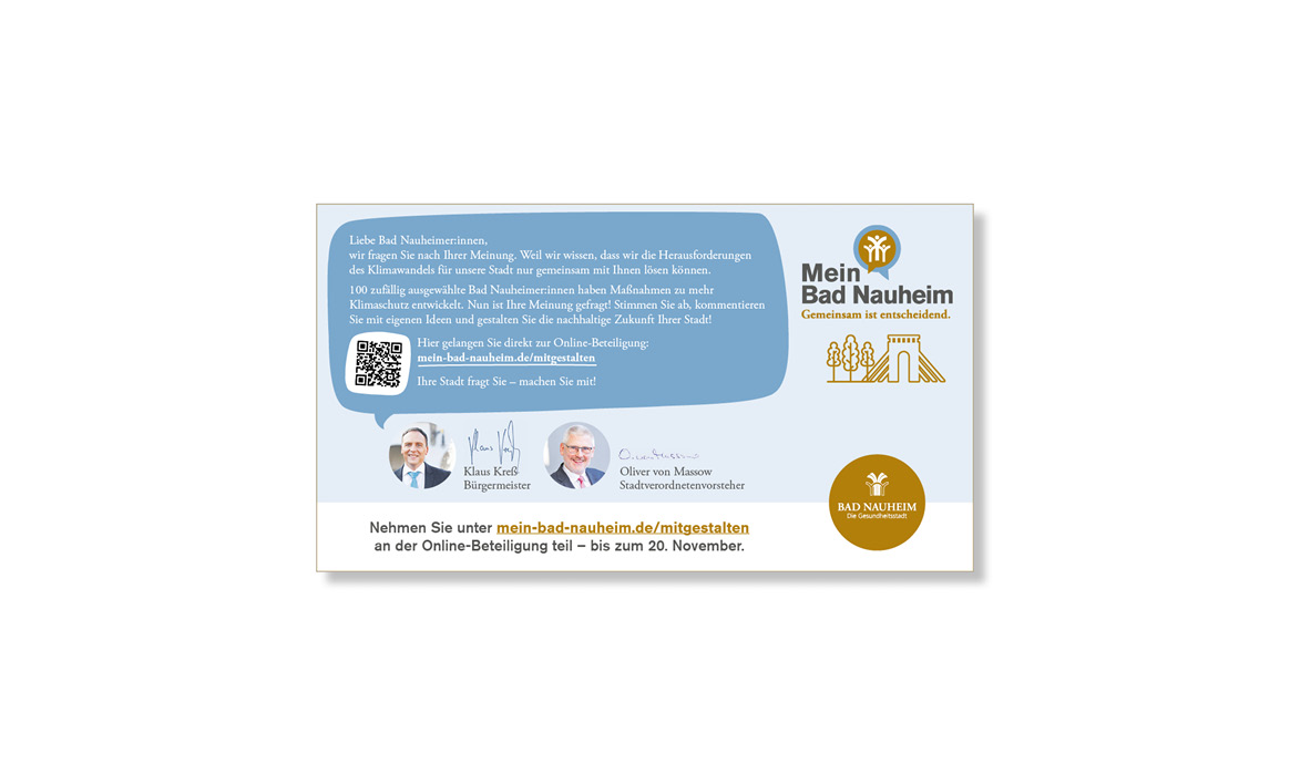 Postkarte der Beteiligungsplattform Mein Bad Nauheim mit Informationen zur Online-Beteiligung, QR-Code und dem Logo „Mein Bad Nauheim – Gemeinsam ist entscheidend.“.
