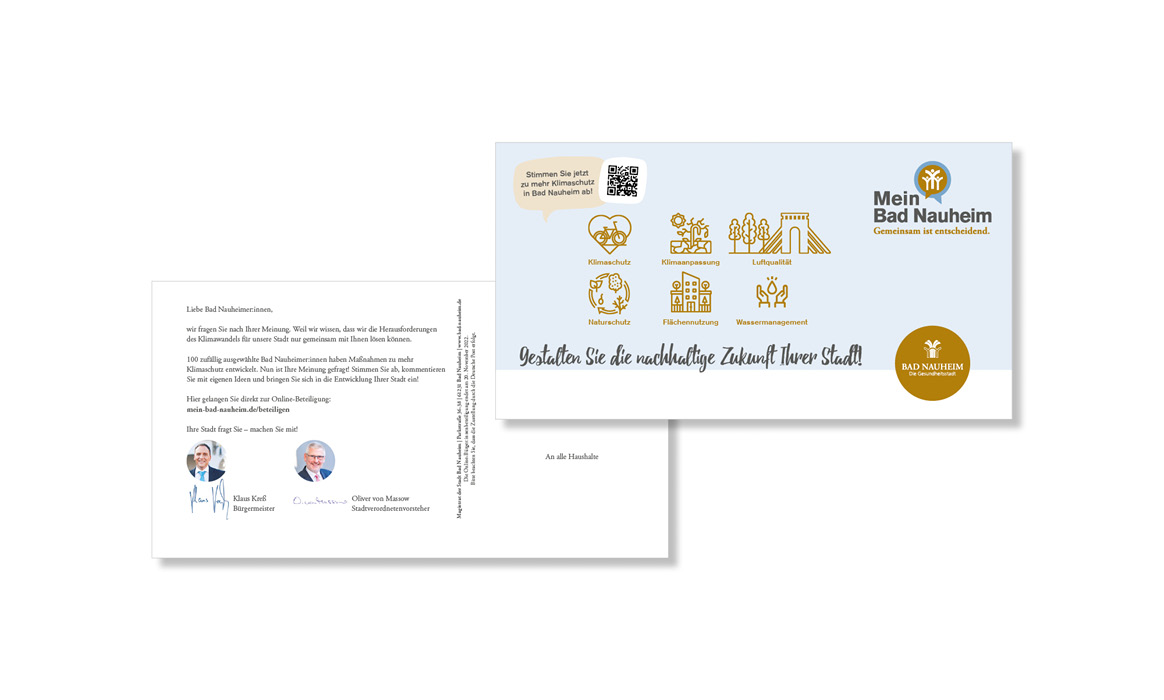 Postkarte der Beteiligungsplattform Mein Bad Nauheim mit Vorder- und Rückseite, Piktogrammen zu Stadtentwicklung, QR-Code und Informationen zur Bürgerbeteiligung.