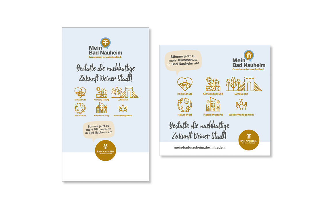 Postkarte der Beteiligungsplattform Mein Bad Nauheim mit Vorder- und Rückseite sowie Piktogrammen zu verschiedenen Themen der Stadtentwicklung.