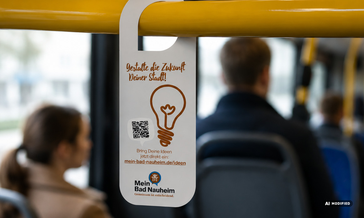 Halteschlaufe in einem Linienbus mit Werbung für die Beteiligungsplattform Mein Bad Nauheim und der Aufschrift „Gestalte die Zukunft Deiner Stadt.“.