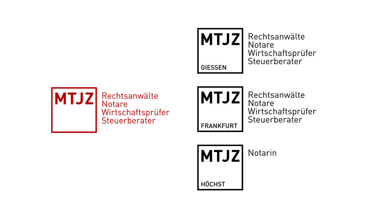 Logoübersicht der Kanzlei MTJZ mit verschiedenen Standort- und Logo-Varianten für Gießen, Frankfurt und Höchst.