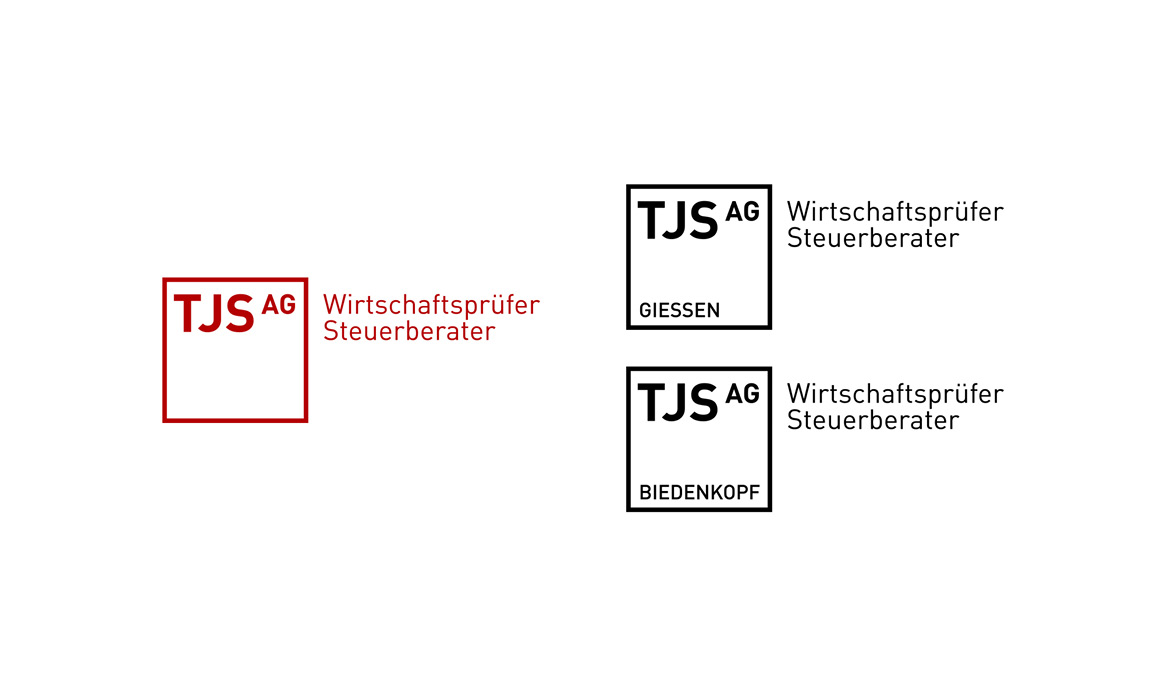 Logoübersicht der Marken TJS AG und TJS AG Gießen/Biedenkopf mit den Bezeichnungen „Wirtschaftsprüfer“ und „Steuerberater“.