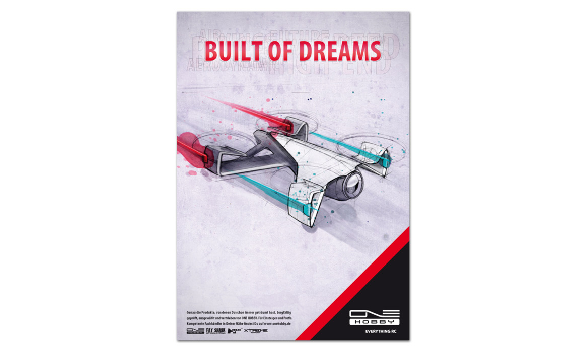 Werbeplakat von ONE HOBBY mit der Überschrift „BUILT OF DREAMS“ und der Illustration eines Modellrennwagens.