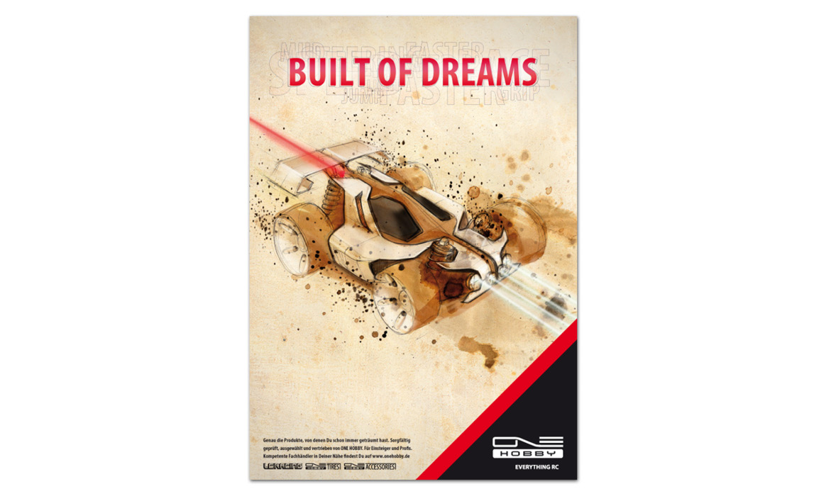 Werbeplakat von ONE HOBBY mit der Überschrift „BUILT OF DREAMS“ und der Illustration eines Offroad-Modellfahrzeugs.