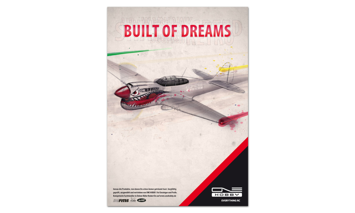 Werbeplakat von ONE HOBBY mit der Überschrift „BUILT OF DREAMS“ und der Illustration eines Modellflugzeugs.
