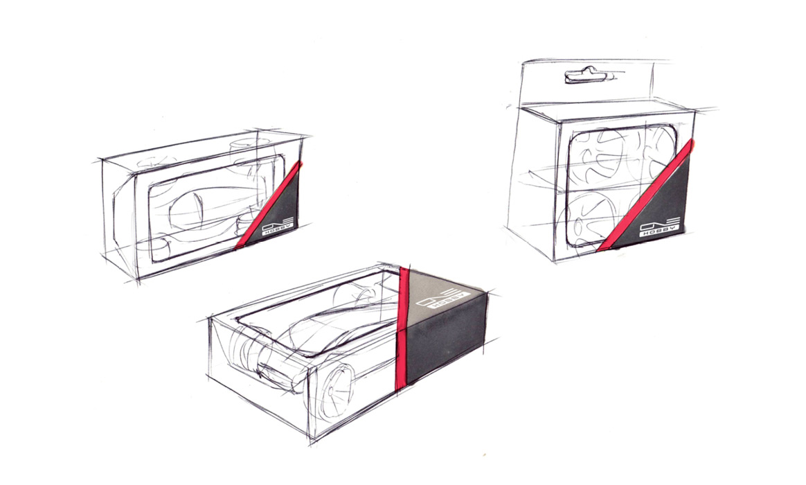 Verpackungskonzepte für Produkte von ONE HOBBY mit mehreren Entwurfszeichnungen verschiedener Verpackungsformen.