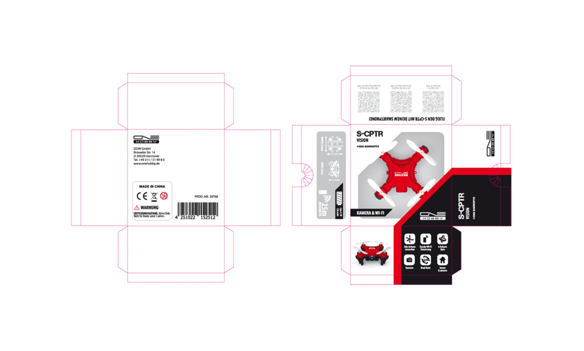 Stanzkontur und Verpackungsgestaltung für ein Produkt von ONE HOBBY mit Layout, Produktabbildung und technischen Angaben.