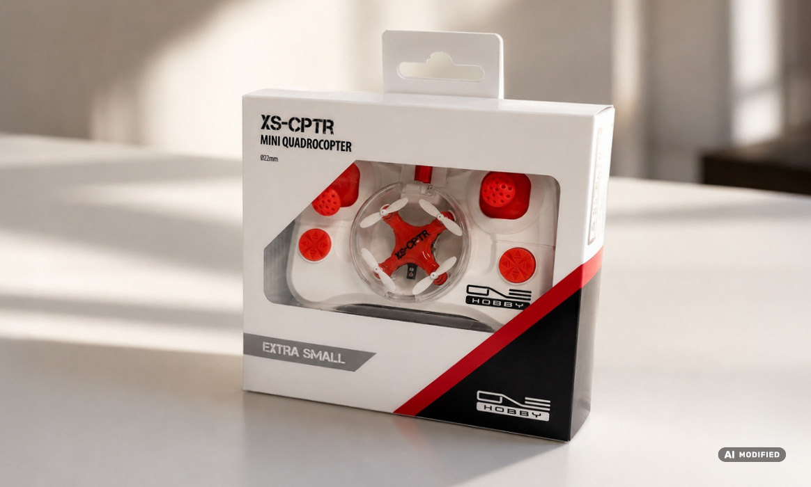 Produktverpackung eines Mini-Quadcopters von ONE HOBBY mit Sichtfenster und Produktabbildung.