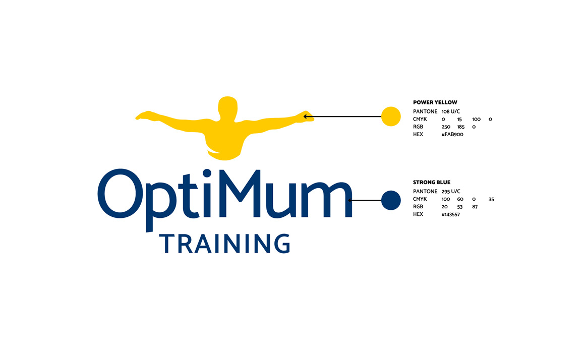 Corporate-Design-Dokumentation des Logos von OptiMum Training mit Farbangaben und Gestaltungsrichtlinien.