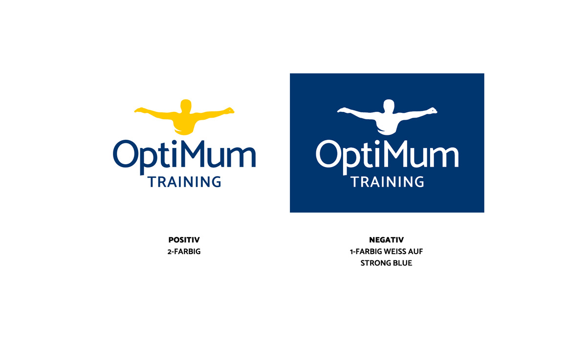 Darstellung der Positiv- und Negativversion des Logos von OptiMum Training auf hellem und dunklem Hintergrund.