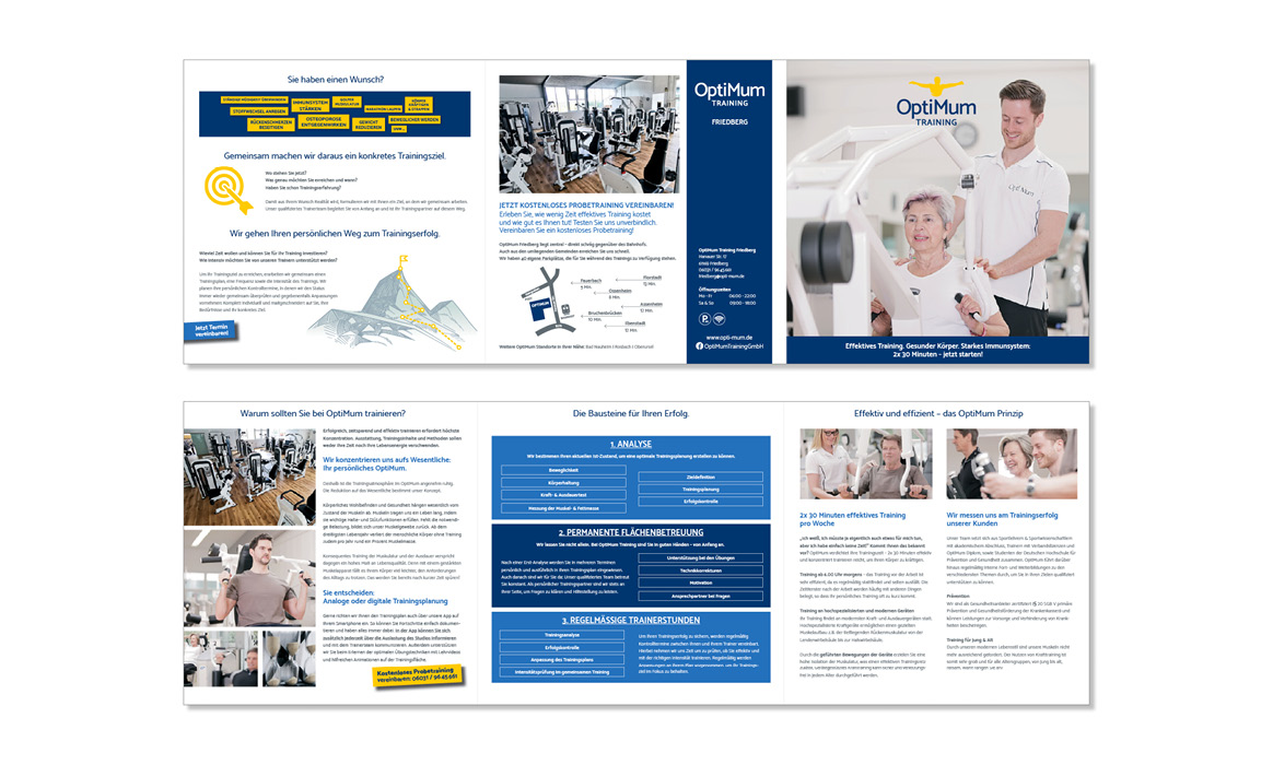 Übersicht einer mehrseitigen Broschüre von OptiMum Training mit Informationen zu Trainingskonzepten, Gesundheitsleistungen und Praxisbeispielen.