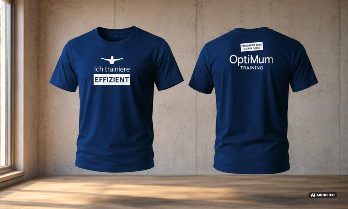 Visualisierung eines dunkelblauen OptiMum-Training-T-Shirts mit Vorder- und Rückseite auf einem Holztisch.