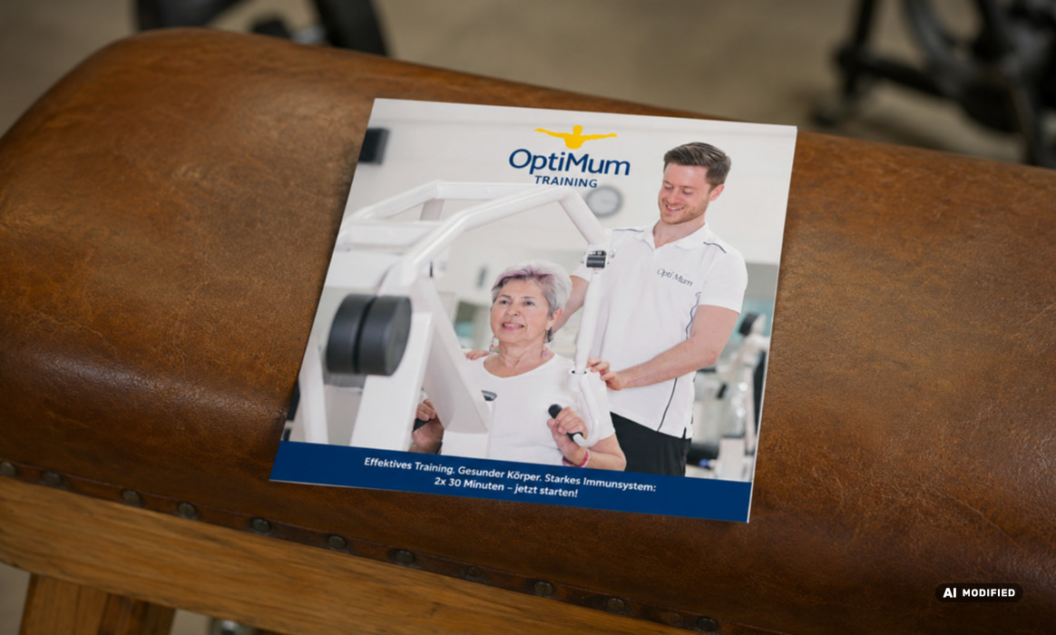 Visualisierung einer Broschüre von OptiMum Training auf einer gepolsterten Trainingsbank.