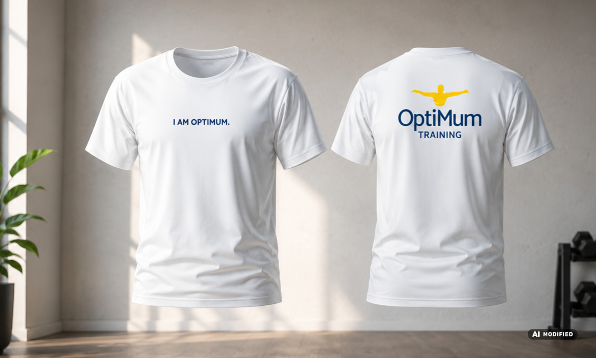 Visualisierung eines weißen OptiMum-Training-T-Shirts mit Vorder- und Rückseite in einem Fitnessstudio.