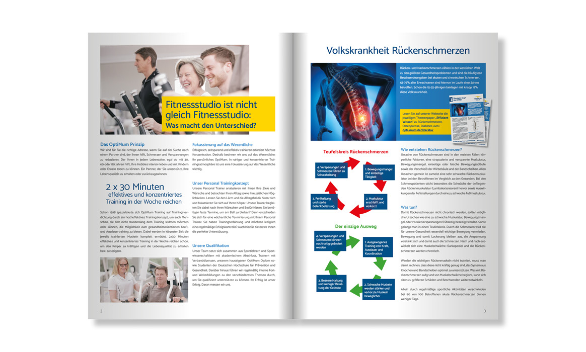 Doppelseite des Kundenmagazins von OptiMum Training mit Fachartikeln zu Rückenschmerzen, Gesundheitstraining und Trainingsmethoden.