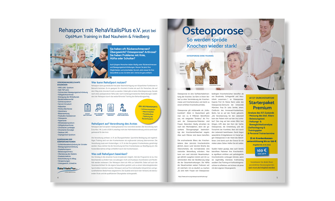 Doppelseite des Kundenmagazins von OptiMum Training mit Fachartikeln zu Rückenbeschwerden, Osteoporose und Gesundheitstraining sowie Infografiken.