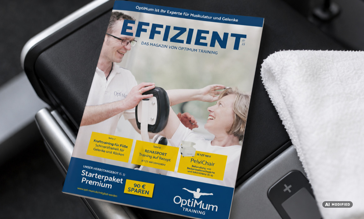 Visualisierung des Kundenmagazins „EFFIZIENT“ von OptiMum Training auf einer Trainingsbank mit Handtuch.
