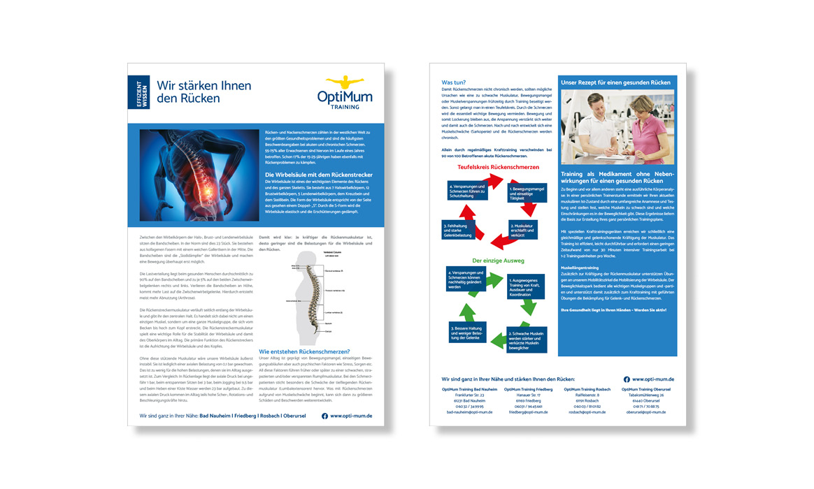 Zwei Serie Informationsblätter Effizient Wissen von OptiMum Training zu Rückenbeschwerden und Gesundheitsförderung mit Grafiken und Übungen.