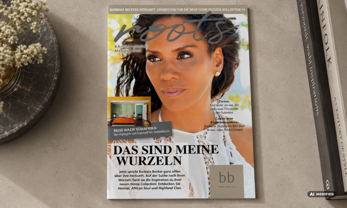 Titelseite des Kundenmagazins „bb Home Passion“ von Rasch mit dem Titel „Das sind meine Wurzeln“ und dem Porträt einer Frau.