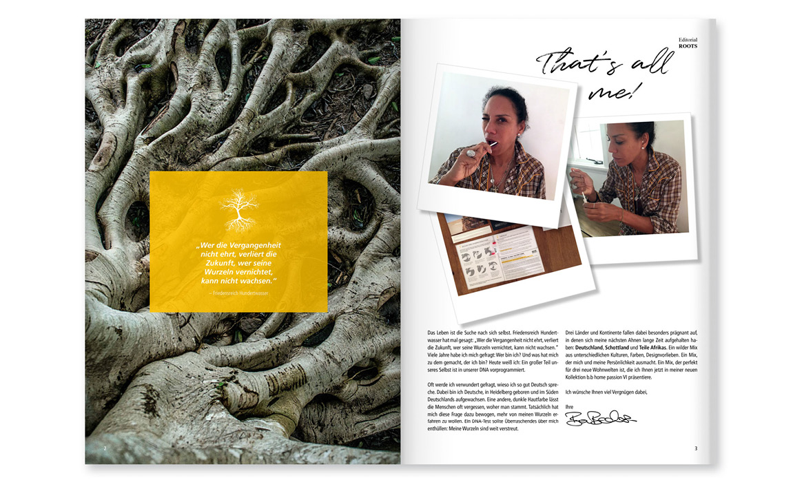 Doppelseite des Kundenmagazins „bb Home Passion“ mit einer Reportage über Inspirationen aus Afrika sowie Fotografien und Tapetendesigns.