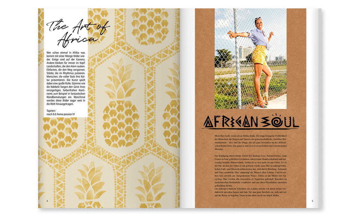 Doppelseite des Kundenmagazins „bb Home Passion“ mit Tapetendesigns im Afrika-Stil und einem Beitrag zur Kollektion „African Soul“.