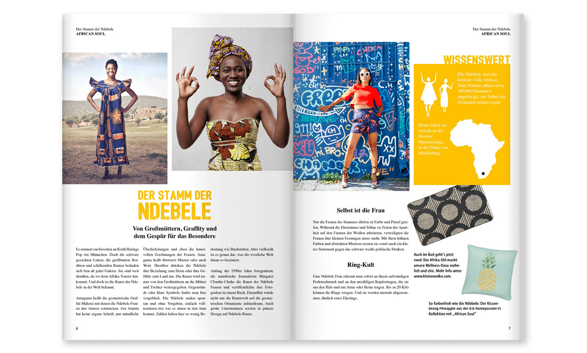 Doppelseite des Kundenmagazins „bb Home Passion“ mit Reiseeindrücken aus Afrika, Produktvorstellungen und Tapetenkollektionen.