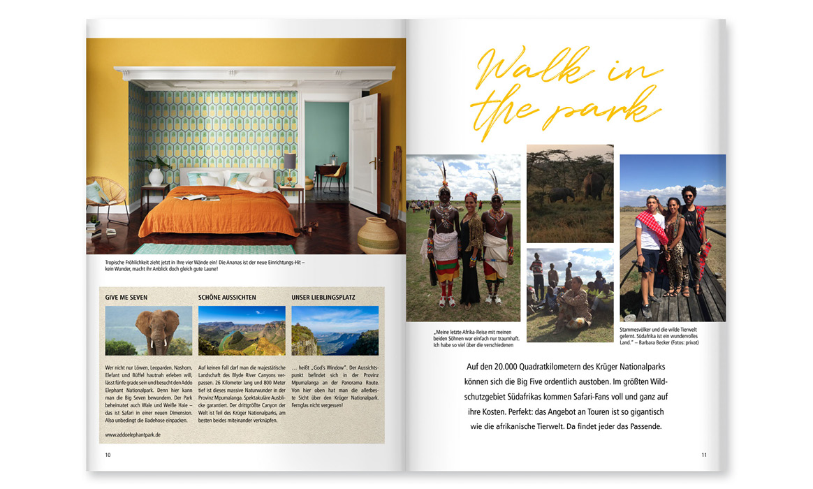 Doppelseite des Kundenmagazins „bb Home Passion“ mit Wohnraumfotografien, Reisetipps und Inspirationen zur Raumgestaltung.