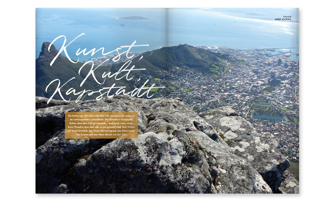 Doppelseite des Kundenmagazins „bb Home Passion“ mit großformatiger Landschaftsaufnahme und der Überschrift „Kunst trifft Karstadt“.